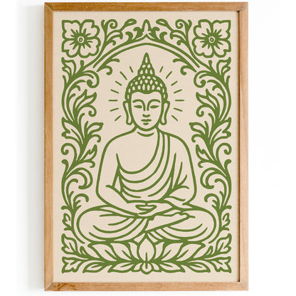 Green Sitting Buddha Poster – Floral Buddhist Art Print