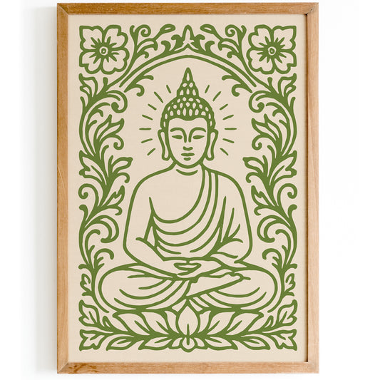 Green Sitting Buddha Poster – Floral Buddhist Art Print