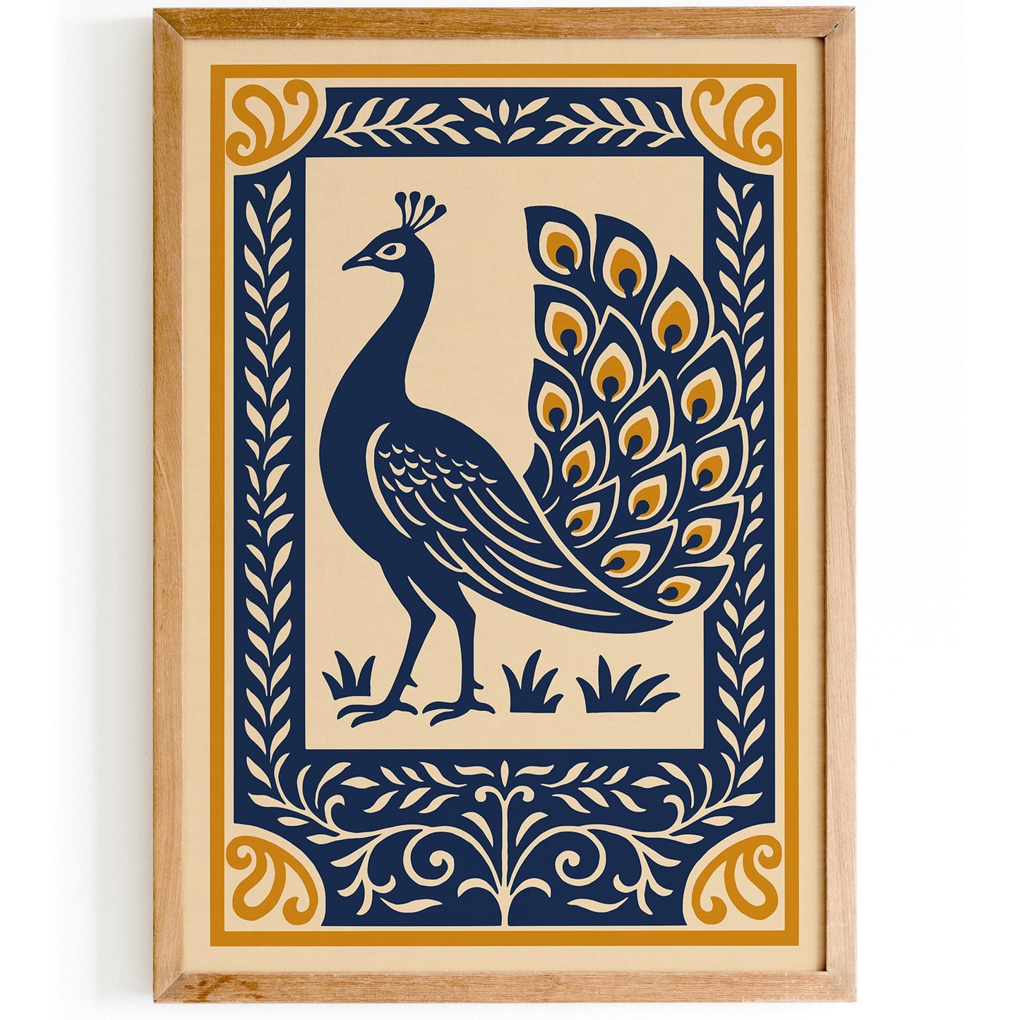 Navy Blue Peacock Art Print – Elegant Rococo Style Wall Art