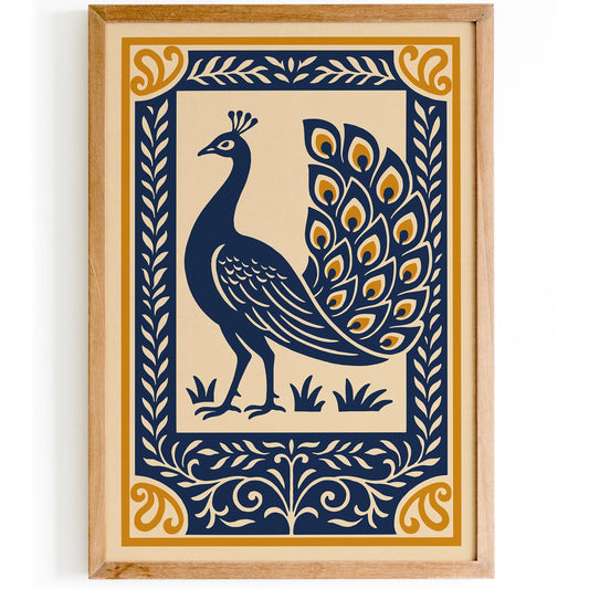 Navy Blue Peacock Art Print – Elegant Rococo Style Wall Art