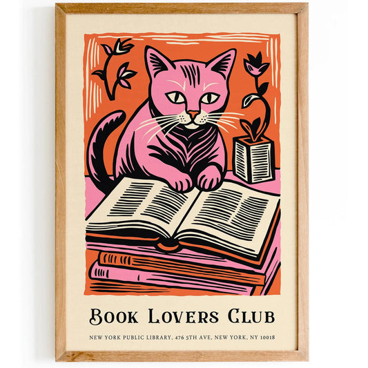 Pink Cat and Books Poster – Book Lovers Club Wall Art