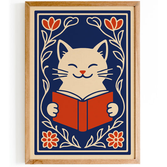 Cute White Cat with a Book Poster