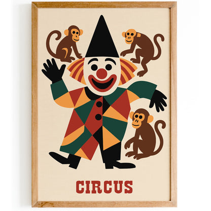 Circus Poster Funny Clown with Monkeys Art Print
