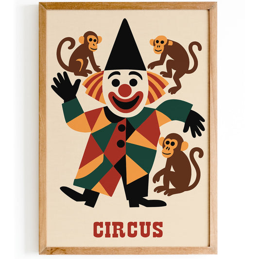 Circus Poster Funny Clown with Monkeys Art Print