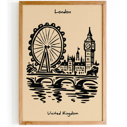 London United Kingdom - Black Ink Cityscape Wall Art Print