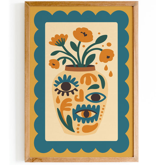 Boho Floral Vase with Eyes – Retro Wall Art