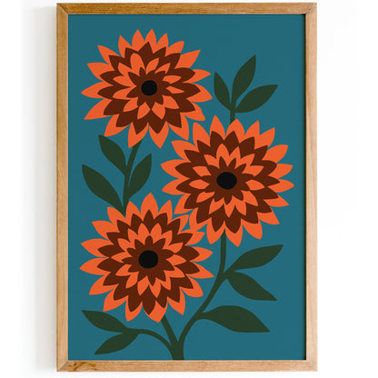 Retro Dahlia Flowers Poster, Colorful Nature Wall Art Print