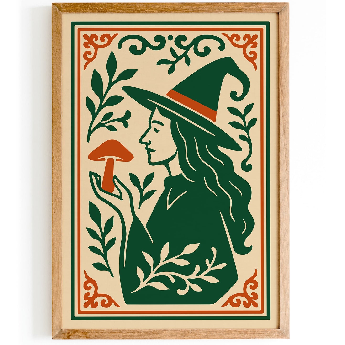 Green & Orange Witch Mushroom Halloween Print