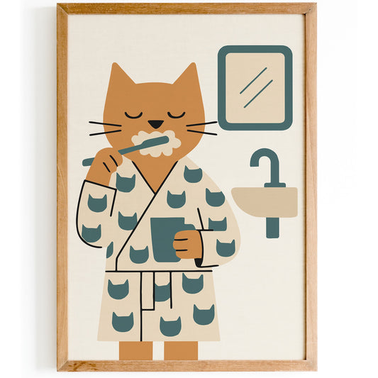 Cat Brushing Teeth Poster - Bathroom Wall Decor