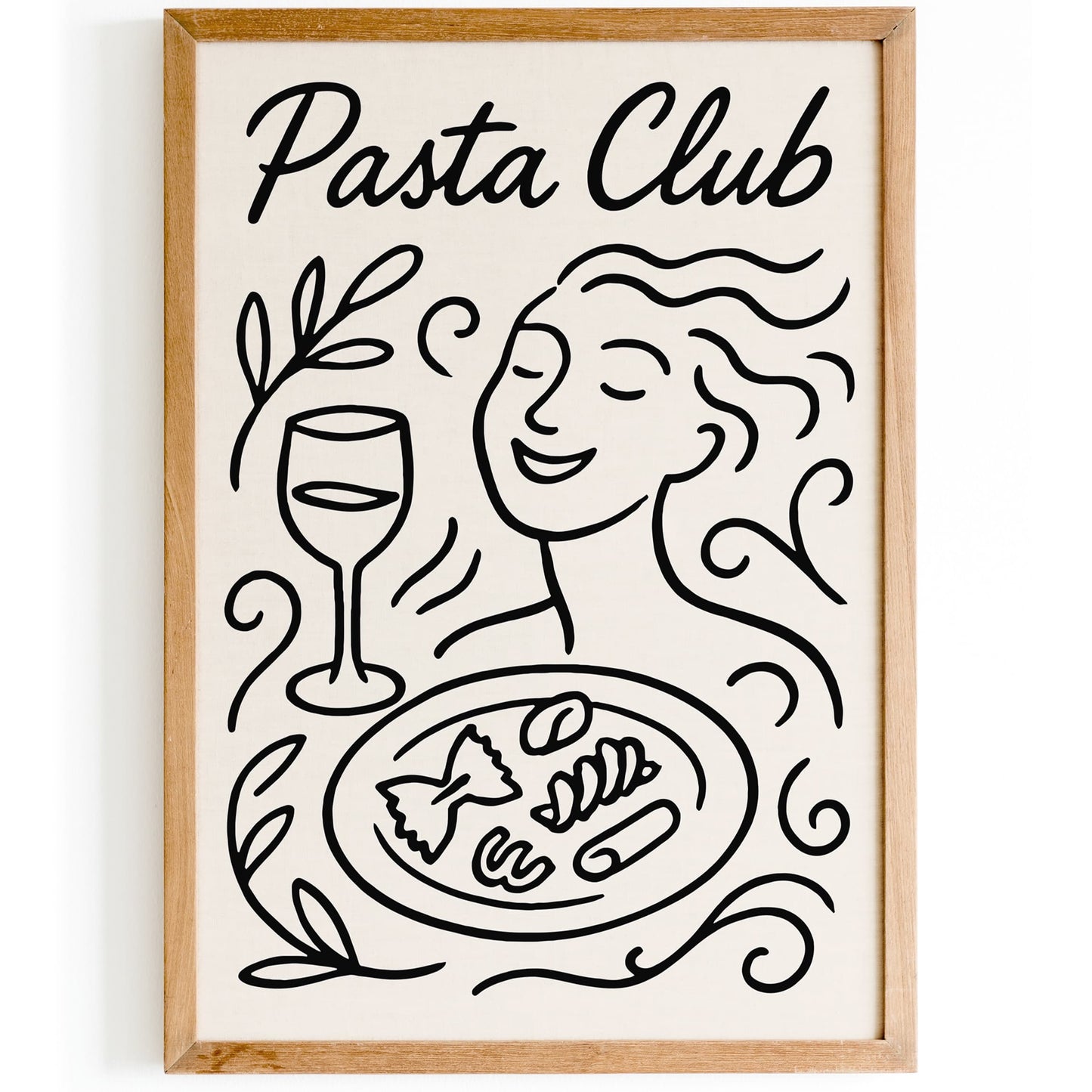 Pasta Club Poster - BW Line Art Italian Food Art Print