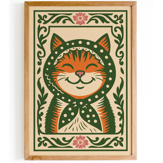 Whimsical Cat Poster - Folk Art Animal Wall Print