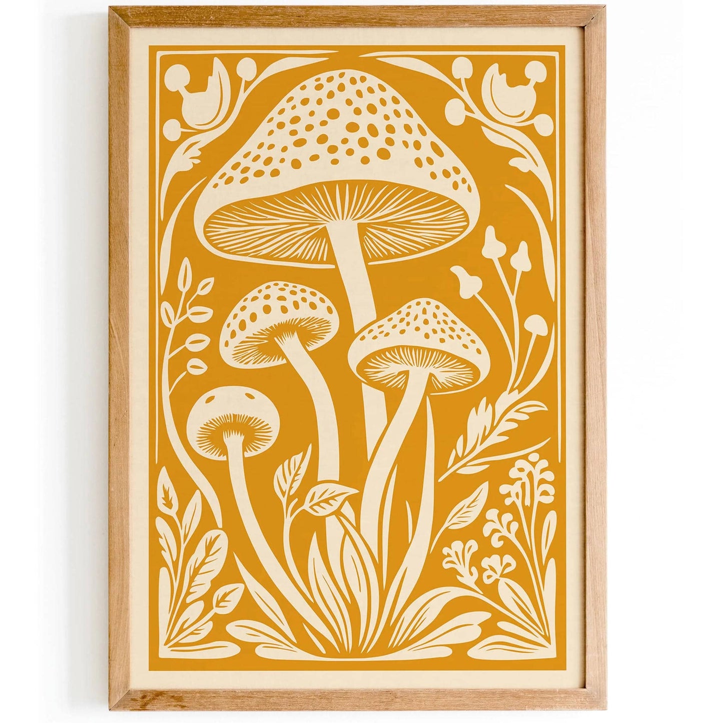 Forest Mushroom Poster – Warm Yellow Botanical Wall Art