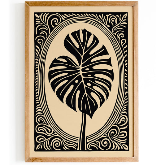 Black Victorian Style Monstera Leaf Wall Art Print