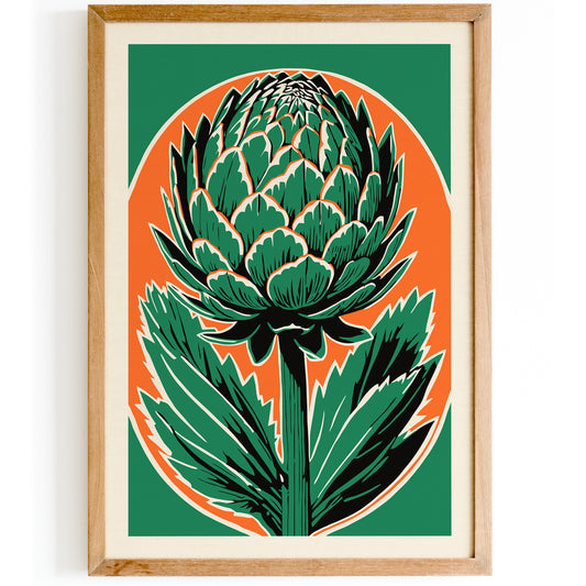 Green Vintage Artichoke Art - Linocut Design