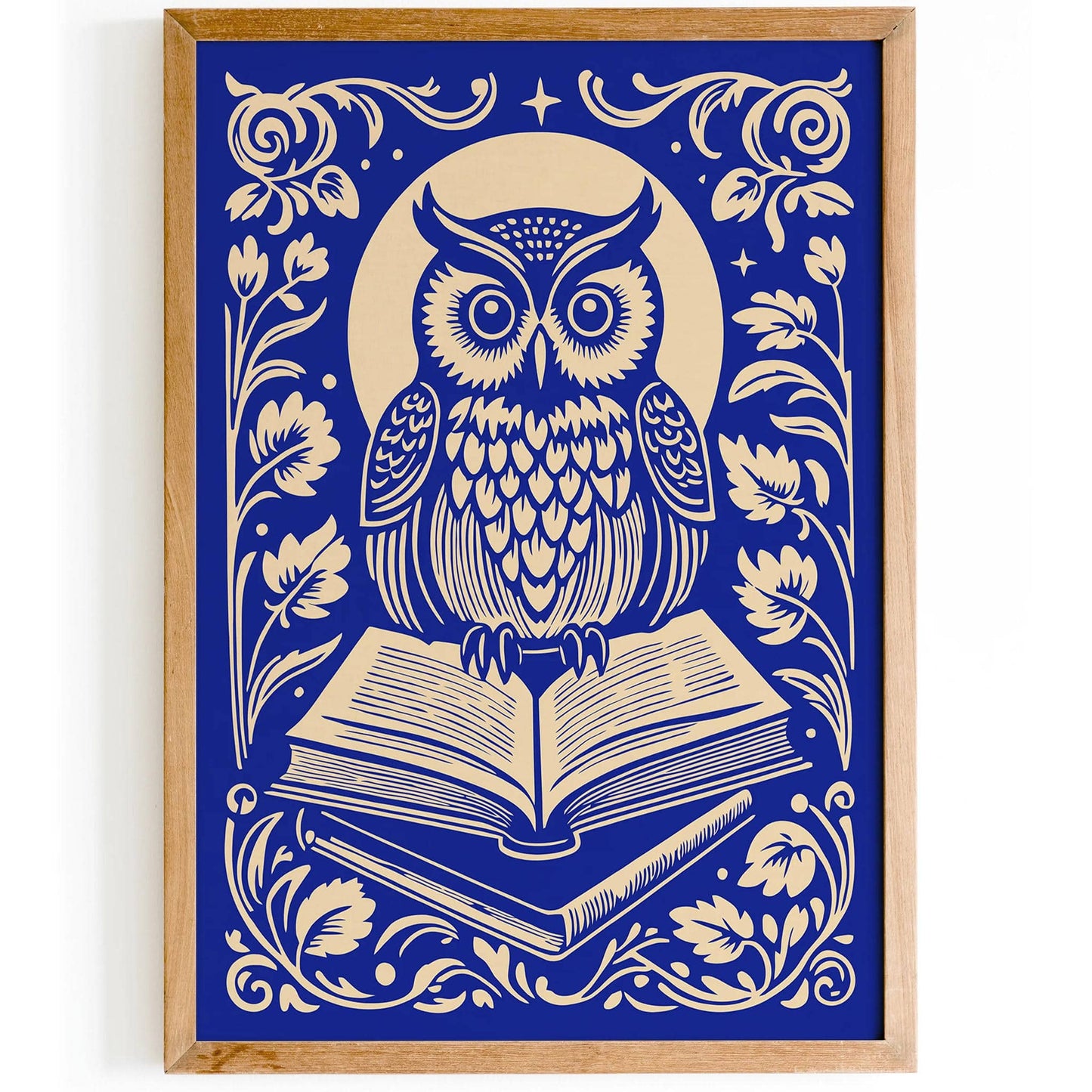 Blue Night Owl with Book Wall Art Print