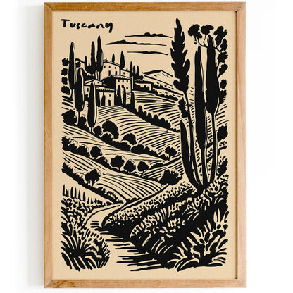 Tuscany Scenic Black Ink Style Print