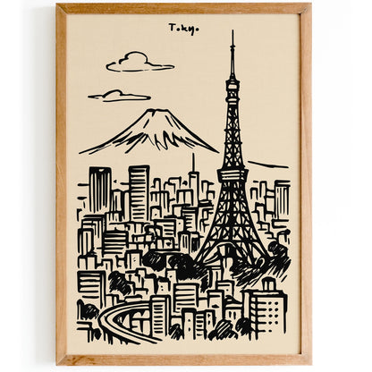 Tokyo Japan Black Ink Travel Poster