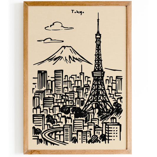 Tokyo Japan Black Ink Travel Poster