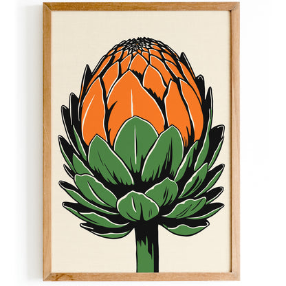 Retro Linocut Orange Green Artichoke Print