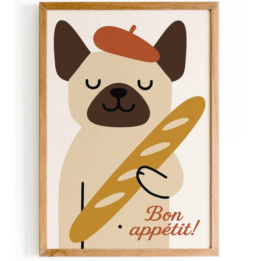 Bon Appetit! Cute Dog with Baguette Poster