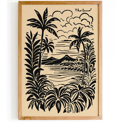Thailand Vintage Black Ink Style Tropical Landscape Poster