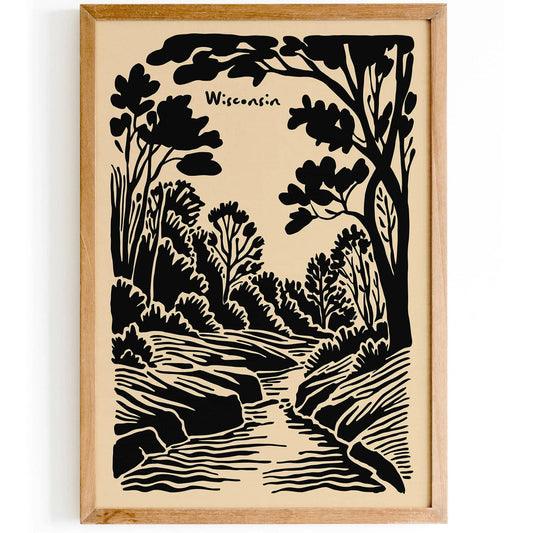 Wisconsin Nature Travel Black Ink Style Poster