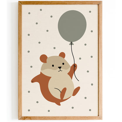 Funny Hamster Flying on Baloon Art Print - Kids room decor