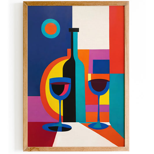 Modern Abstract Wine Art - Colorful Geometric Wine Bottle & Glasses Poster