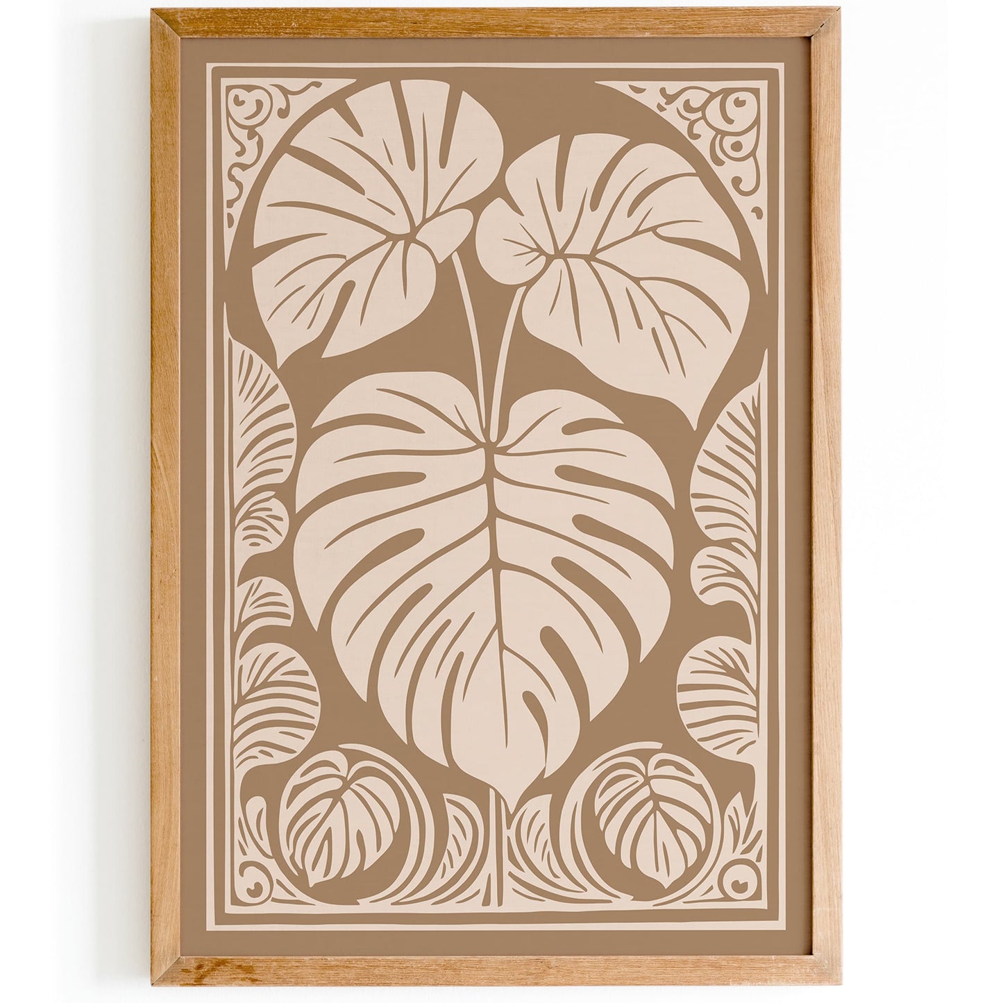 Brown Beige Monstera Leaf Rococo Art Print