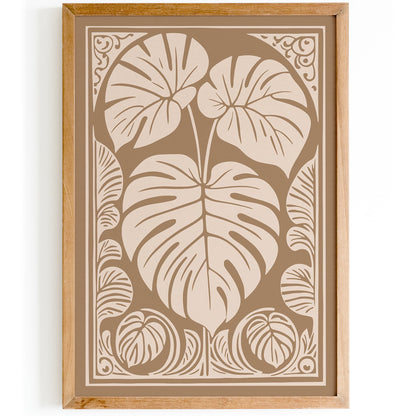 Brown Beige Monstera Leaf Rococo Art Print