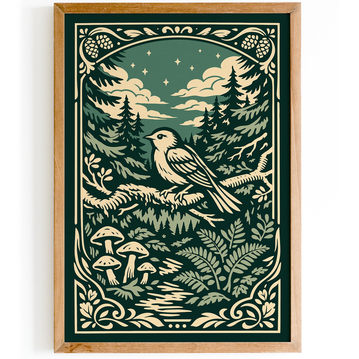 Night Forest Bird Art Poster
