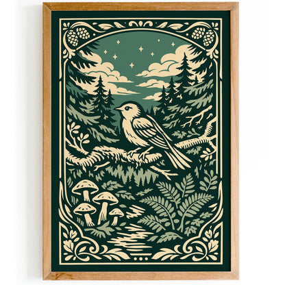Night Forest Bird Art Poster