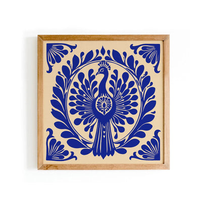 Blue Art Nouveau Peacock Bird Square Print