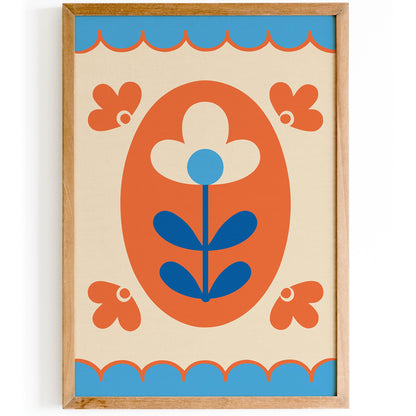 Folk Flower Poster - Blue and Orange Floral Print