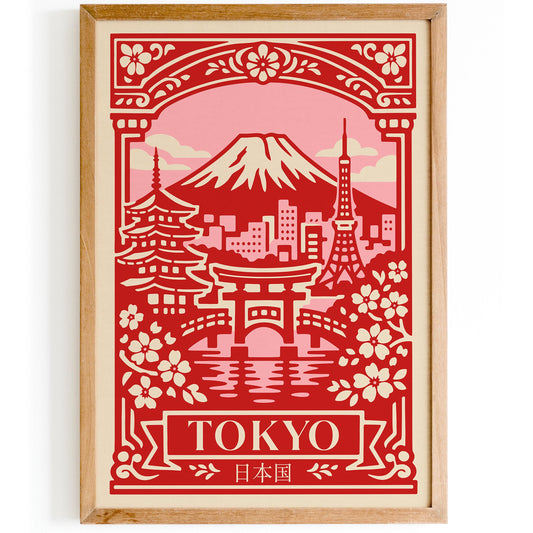 Tokyo Japan Cherry Blossom Red Travel Poster