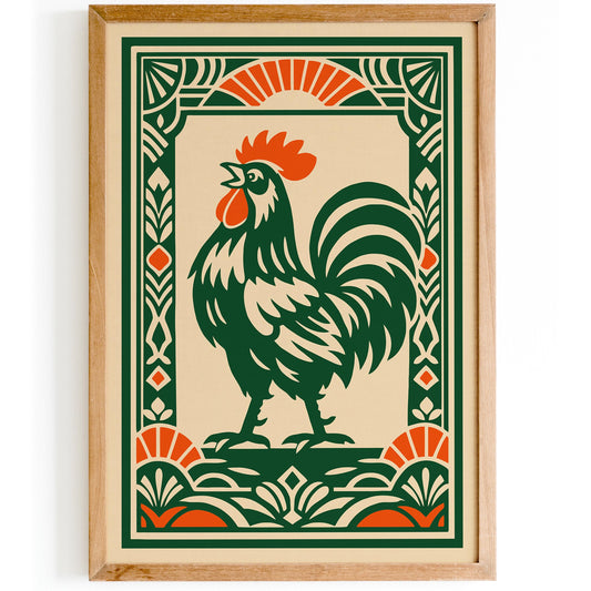 Green Rooster Art Deco Wall Art Print – Kitchen Decor