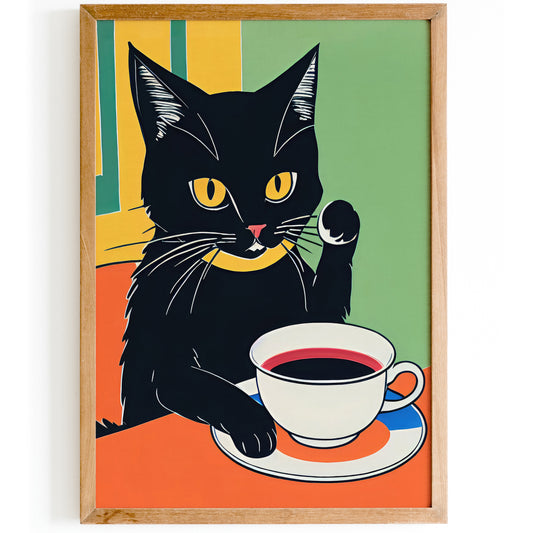 Black Coffee Cat Retro Print