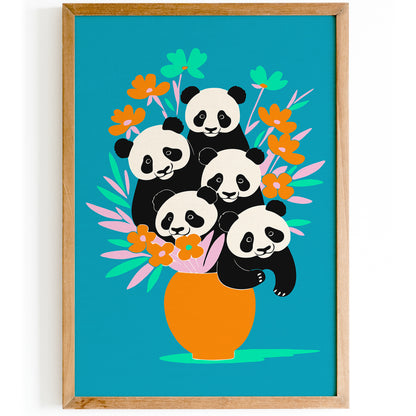 Funny Panda Flowers Kids Room Decor Print