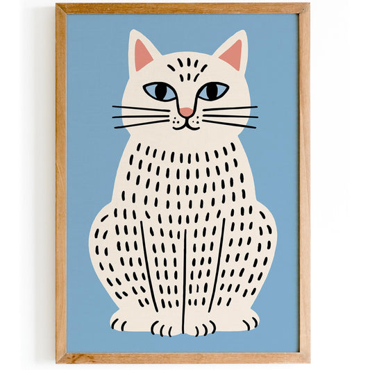 White Cat Poster - Chubby Kitty Wall Art Print