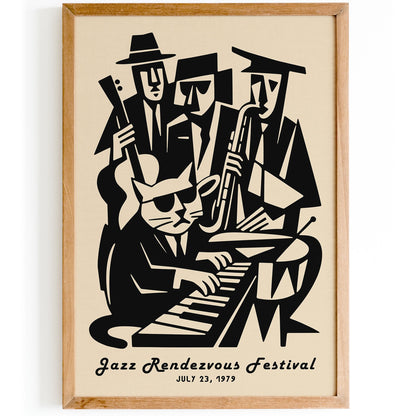 Jazz Randezvous Festival Poster - Funny Cat Musician & His Band Print