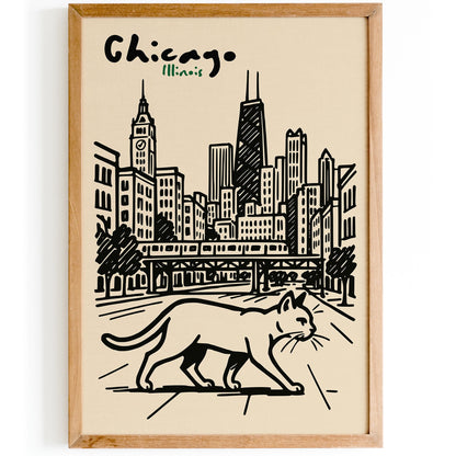 Chicago Illinois Poster - Walking Cat Wall Art Print