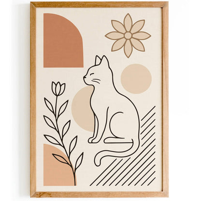 Minimalist Line Art Cat & Flowers Poster – Neutral Beige Decor