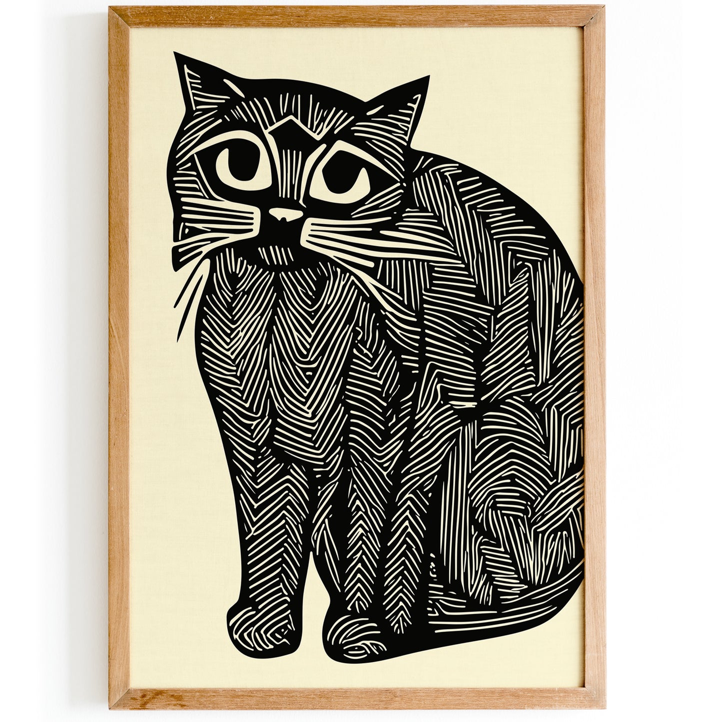 Linocut Chubby Cat Wall Art Print