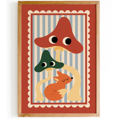 Cute Fox & Mushroom Poster – Whimsical Woodland Wall Art
