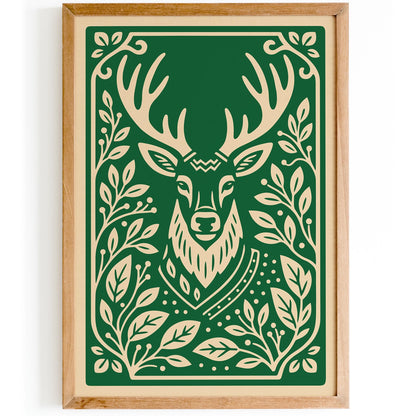 Reindeer Christmas Poster - Green Holiday Wall Art