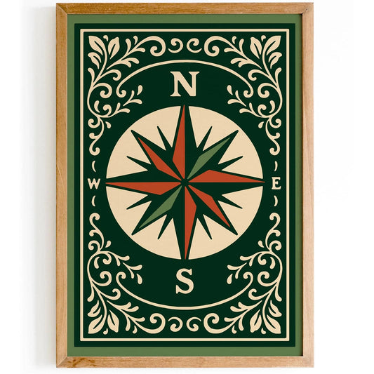 Compass Rose Wall Art Print, Green Wall Art Poster
