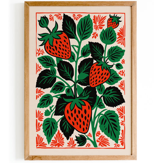 Retro Strawberry Linocut Art Print