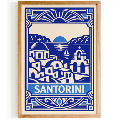Blue Art Deco Santorini Wall Art Print – Greek Island Decor