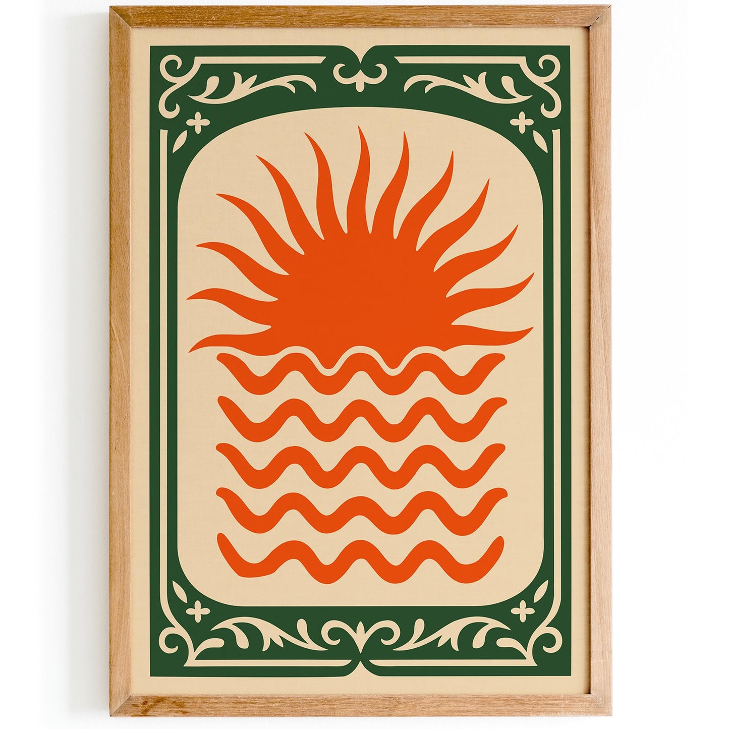 Orange Sun Poster - Green Frame Abstract Wall Art