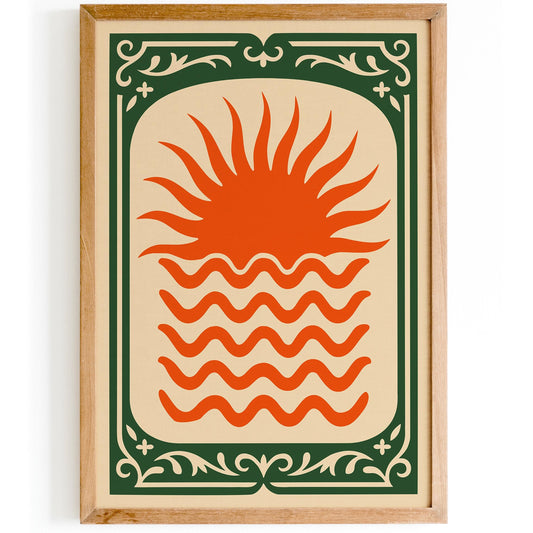 Orange Sun Poster - Green Frame Abstract Wall Art